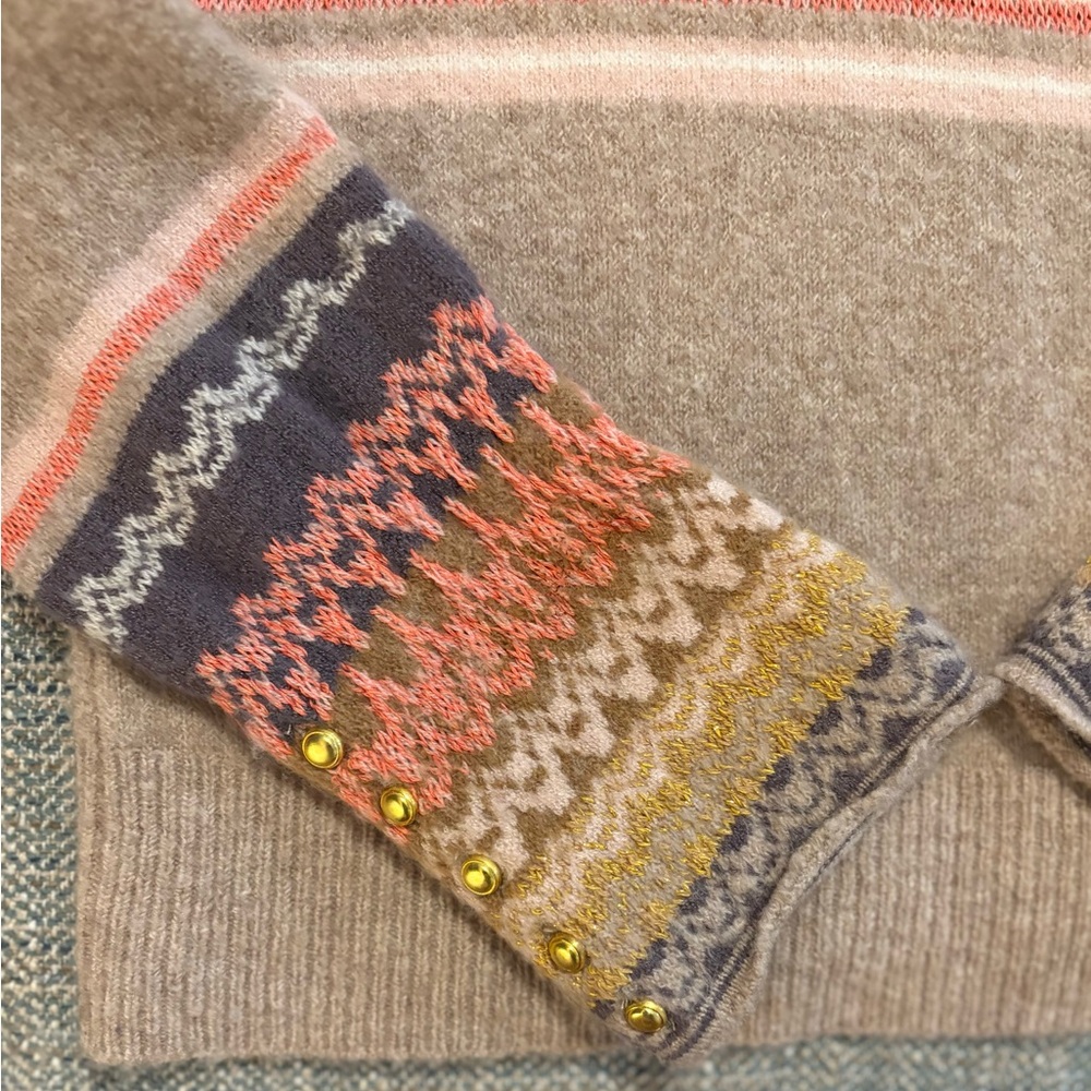 Anthropologie Taupe Fair Isle Mock-Neck Sweater with Pink and Brown Accents XS - Picture 6 of 6
